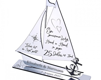 Silberhochzeit Deko Hochzeitstag 25 Jahre Jubiläum personalisiert - Silber Optik - Aufsteller Schiff - Geschenk Geldgeschenk Name Datum Herz