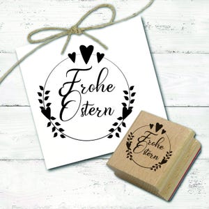 Motivstempel Frohe Ostern - Vintage Kranz mit Herzen Stempel 48 x 46 mm - Holzstempel Scrapbooking Embossing Osterstempel Ostergeschenk