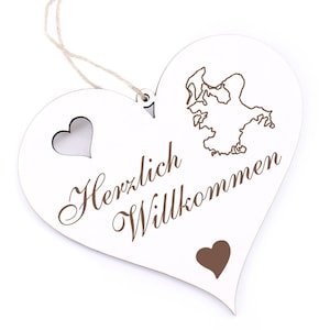 Welcome Sign - Island of Rügen - Decoration Heart Wood - Door sign 13 x 12 cm - Heart Shield Door decoration Family House Entrance Decorative sign Baltic Sea