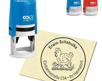 Stamp Address stamp personalized - chicken on a meadow - about ∅ 40 mm