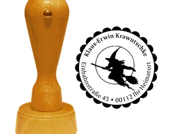 Address stamp sHEXE on BESEN 02 » with personal address and motif - stamp wood stamp name Walpurgisnacht resin magic moon