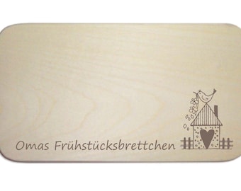 Schneidebrett « OMAS FRÜHSTÜCKSBRETTCHEN » ca. 22x12 cm Schneidbrett Holzbrett Brett Geschenk Oma Omi Großmutter Motiv Haus Herz Vogel