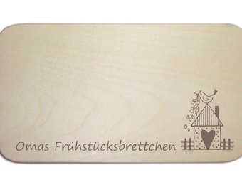 Cutting board ' OMAS BREAKFAST BOARDS » approx. 22 x 12 cm cutting board wooden board board gift grandma Omi grandmother motif house heart bird