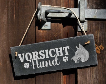 Vorsicht Hund Saarloos Wolfhond Schild Schiefer 22x8cm Achtung Warnschild - Türschild Hunde Pfote Garten Warnung Hundeschild Hundebesitzer