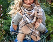Creamy Beige, OVERSIZED SQUARE Plaid Blanket Scarf, Winter scarf, Blanket scarf women, Plaid Scarf, Tartan scarf, Oversized Scarf