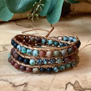 African Turquoise handmade Wrap Bracelet, faux Leather beaded Wrap Bracelet, women’s popular wrap bracelet