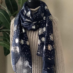 Dandelion scarf, Floral Scarf, spring scarf, womens Scarf, gift for mom, navy Summer Scarf, Lightweight Scarf, Printed Scarf, Boho Scarf