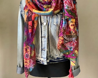 Floral long colourful scarf, lightweight floral scarf, bohemian scarf, lightweight scarf, fall winter Scarf, Printed Scarf
