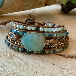 Boho Amazonite Beaded Wrap Bracelet, Vegan Leather wrap bracelet, wrap bracelet with Crystal, best selling popular bracelet