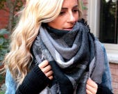 Greys Whites, OVERSIZED SQUARE Plaid Blanket Scarf, Winter scarf, Blanket Scarf women, Bridesmaid Scarf, best selling item