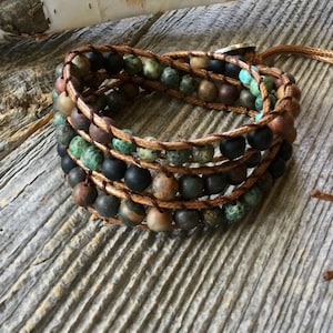 Handmade African Turquoise Wrap Bracelet: Leather & Gemstone