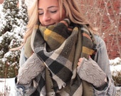 Olive, OVERSIZED SQUARE Plaid Blanket Scarf, Winter scarf, Blanket scarf, Plaid Scarf, Bridesmaid Scarf, winter scarf, women 39 s scarf