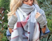 Candy Cane, OVERSIZED SQUARE Plaid Blanket Scarf, Winter scarf, Blanket scarf, Plaid Scarf, Bridesmaid Scarf, winter wedding