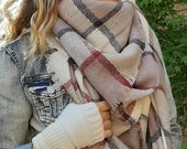 OVERSIZED SQUARE Plaid Blanket Scarf, COFFEE, Winter scarf, Blanket Scarf women, Bridesmaid Scarf, best selling items, gift for her