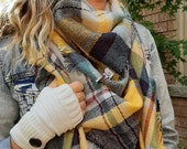 OVERSIZED SQUARE Plaid Blanket Scarf, MARIGOLD, Winter scarf, Blanket Scarf women, Bridesmaid Scarf, best selling items, gift for her