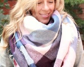 Plum Berry, OVERSIZED SQUARE Plaid Blanket Scarf, Winter scarf, Blanket scarf, Plaid Scarf, Bridesmaid Scarf, best selling item