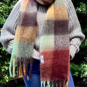 Chunky Mohair Colorblock Scarf: Rainbow Fringe scarf, Long Knit women’s chunky scarf, popular scarf