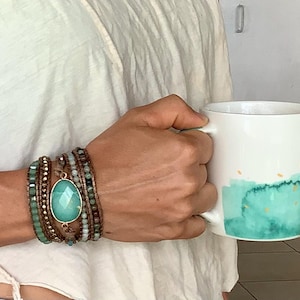 Boho Amazonit Perlen Wickelarmband, Vegan Leder Wickelarmband, Wickelarmband mit Kristall, meistverkaufte beliebte Armband
