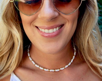 Dainty tiny seed bead waterproof necklace, turquoise seed bead necklace, stainless steel beaded summer surfer necklace, best selling choker