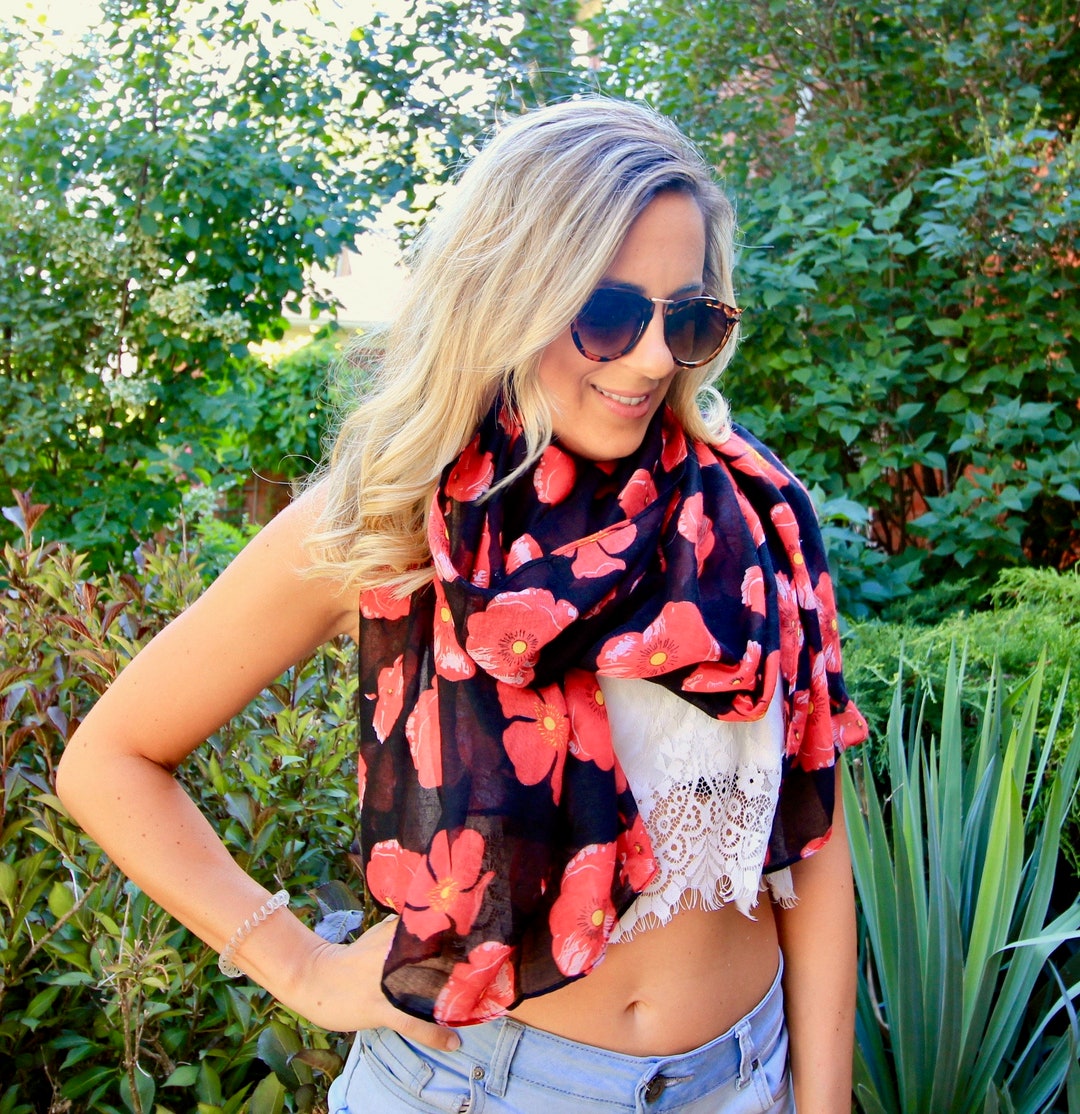Chiffon Scarf, BLACK POPPY, Womens Scarf, Spring Summer Scarf, Shawl