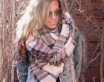 OVERSIZED SQUARE Plaid Blanket Scarf, best selling scarf, Heather Skies, Bridesmaid Gift, Plaid Scarf, Knit Scarf, best selling items