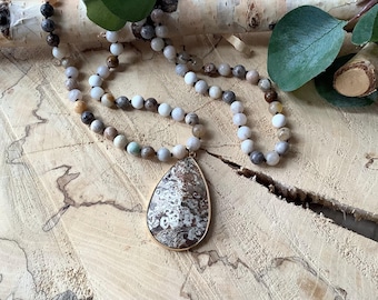 Collier pendentif en jaspe impérial : Collier en pierre de sédiments marins multicolores, collier populaire pour femmes