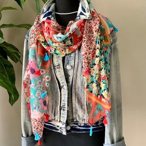Tribal printed Floral Scarf, lightweight scarf, long colourful scarf, Scarf women, Spring scarf, bohemian Scarf, Light Scarf, Printed Scarf