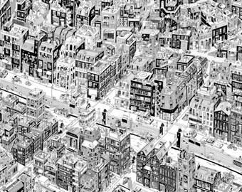 May include: A black and white illustration of a densely populated city with buildings of various sizes and shapes. The illustration is drawn in a detailed and intricate style, with many small details visible.