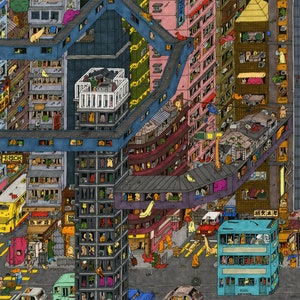 May include: A colourful illustration of a city with buildings, streets, and people. The buildings are stacked on top of each other and connected by bridges and walkways. There are many details in the illustration, including windows, doors, and signs.