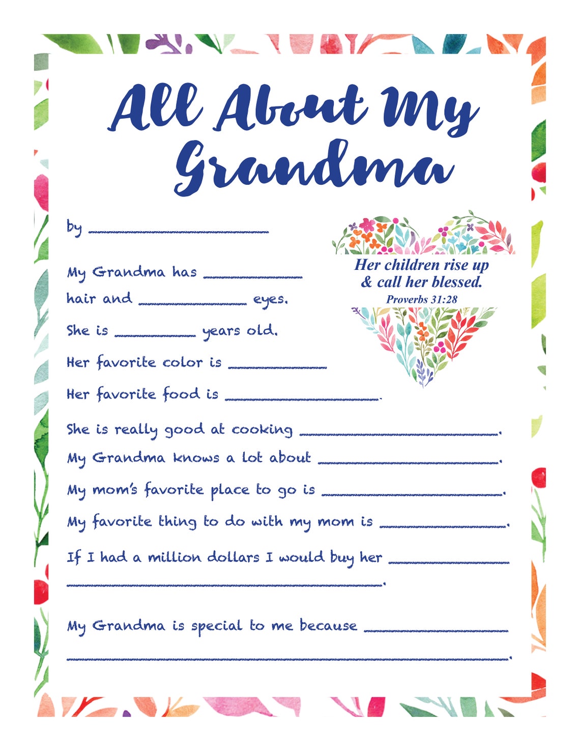 All About My Grandma Fill In The Blank Printable