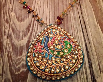 Folkloric Hand Painted Peacock Teardrop with Semiprecious Gemstone Fringe and Pearl Chain Necklace