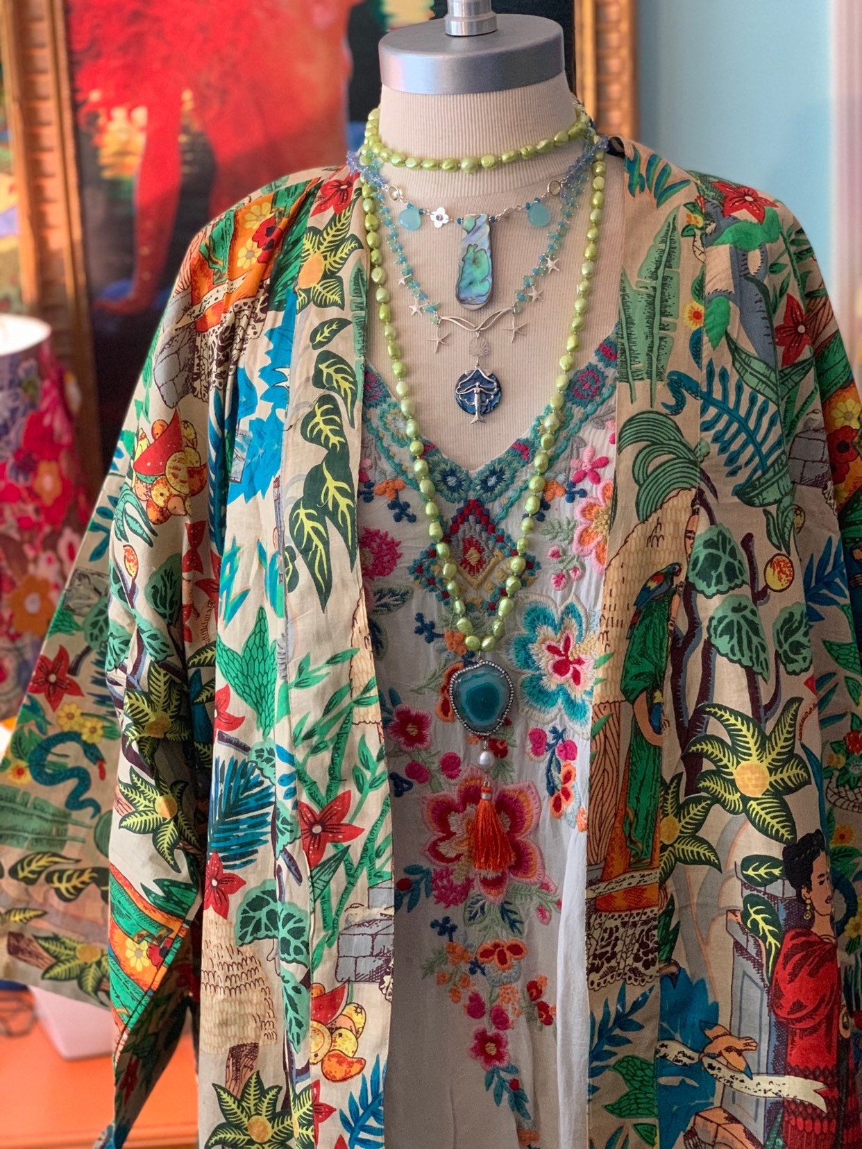 Abito kimono lungo in cotone con stampa Frida Kahlo da donna indiano Abito kimono lungo in cotone con stampa Frida Kahlo da donna indiano