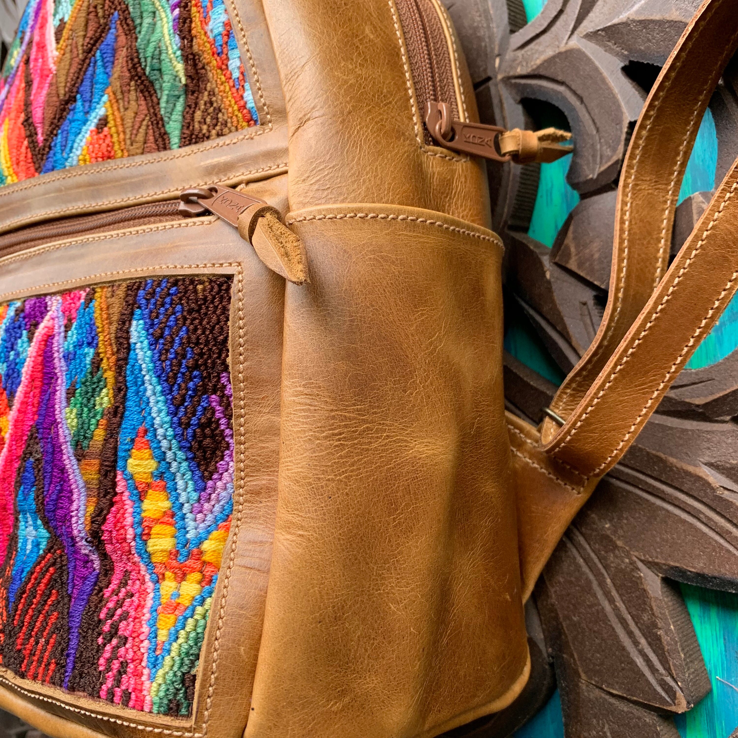 Bright Rainbow Volcano Huipil Natural Tan Leather Small Backpack