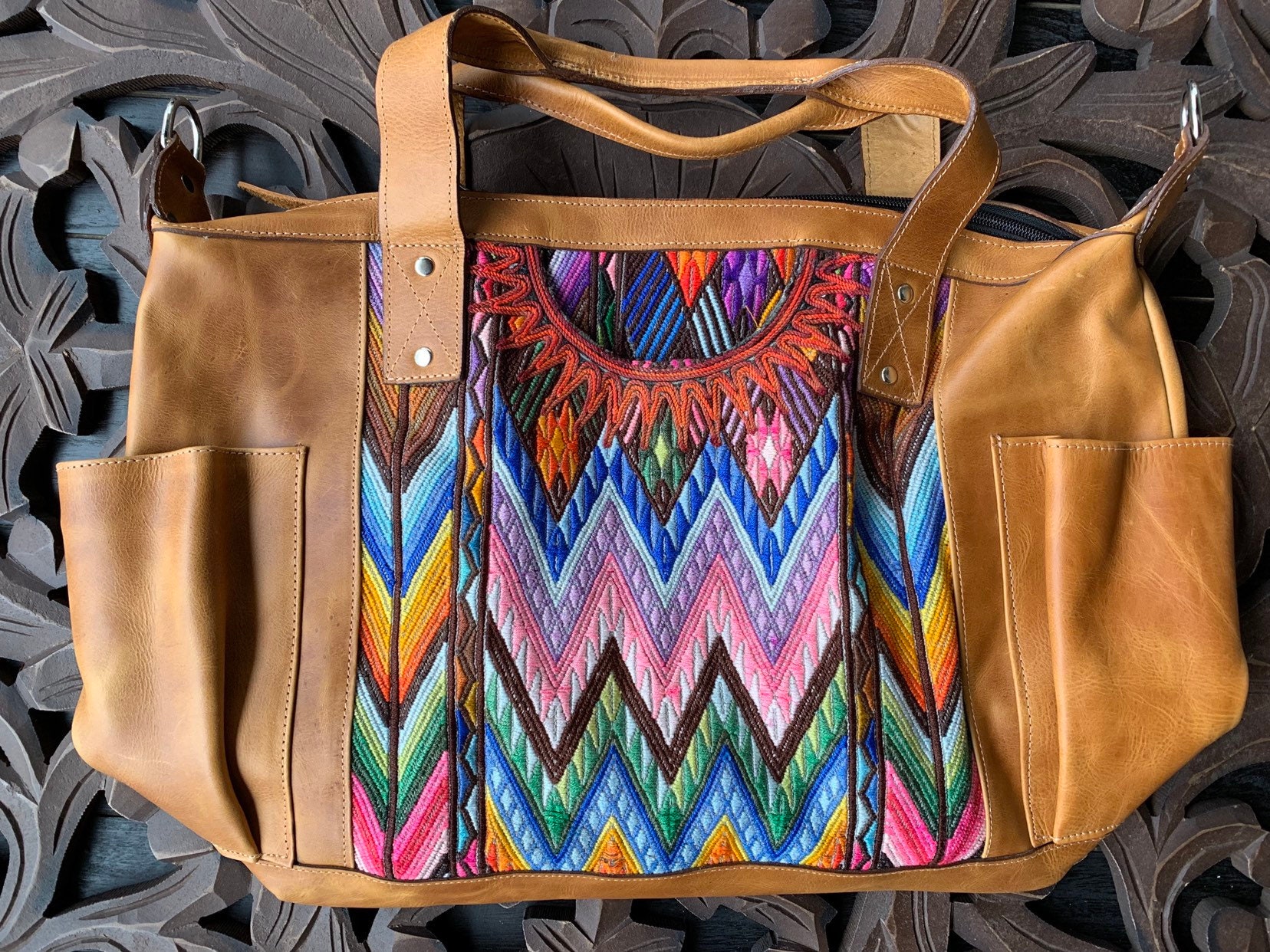 Rainbow Feathered Serpent Chevron with Natural Tan Leather Large Convertible  Day Bag with leather shoulder strap and backpack straps