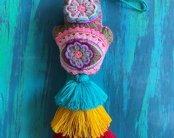 Hamsa Floral Evil Eye Hand Embroidered Heart Pom and Tassel Bag Pom