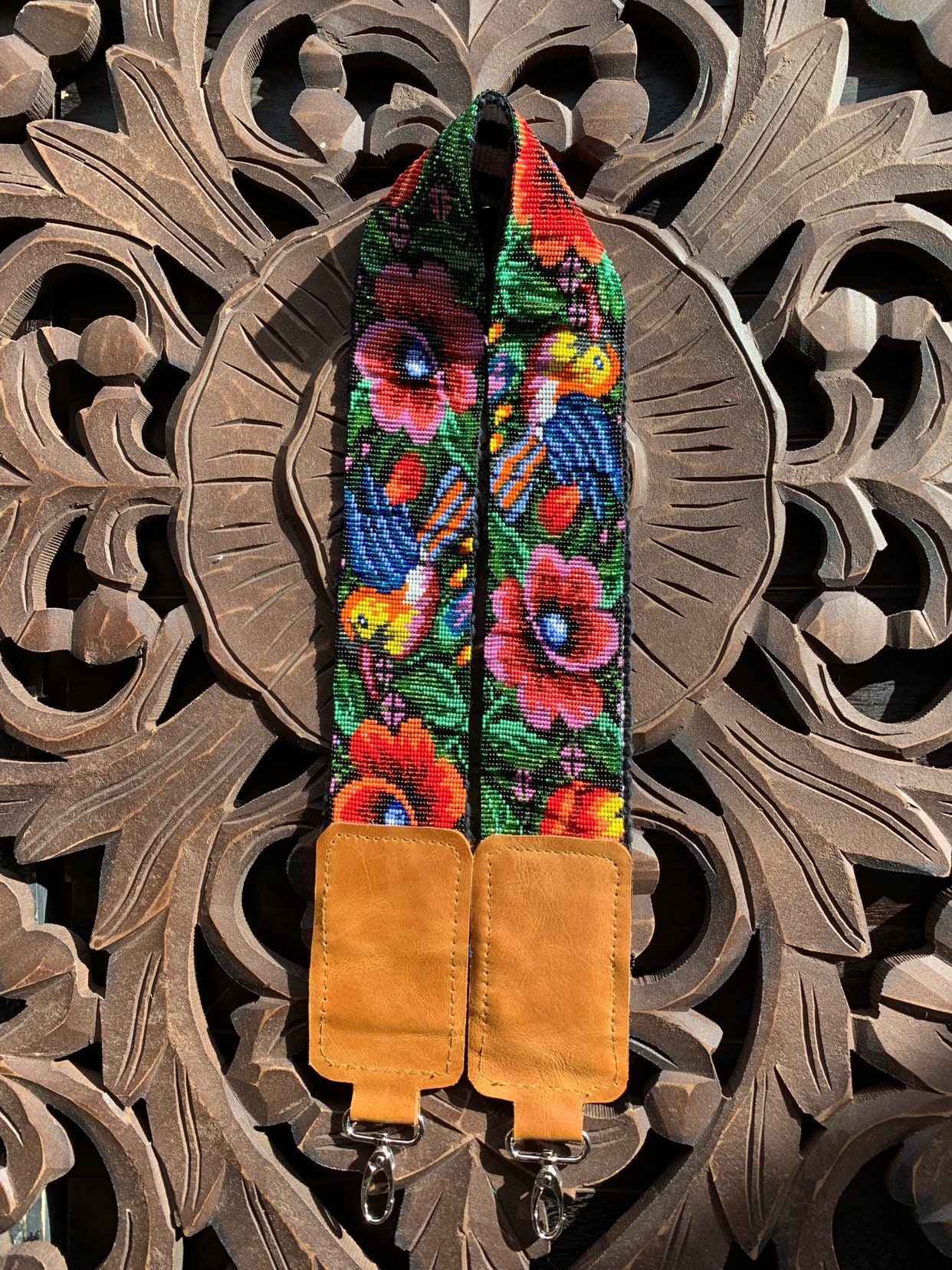 Hummingbird Camera Strap Beaded Hummingbird and Flowers Camera or Bag Nomad Strap with Natural ...