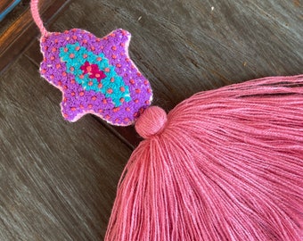 Hamsa Micro Floral Evil Eye Hand Embroidered Heart Pom and Tassel Bag Pom