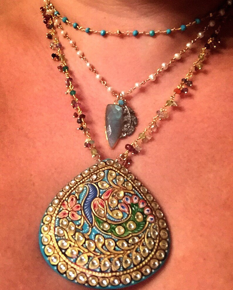 Folkloric Hand Painted Peacock Teardrop with Semiprecious Gemstone Fringe and Pearl Chain Necklace