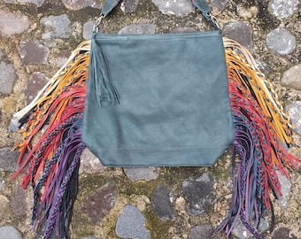 Evergreen Sunset Rainbow Goddess Ombré Braided Ideal Hobo Starlight Bag with Leather Double Fringe.