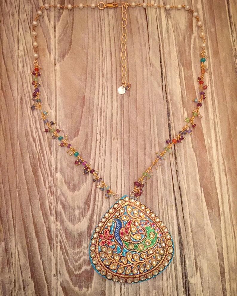 Folkloric Hand Painted Peacock Teardrop with Semiprecious Gemstone Fringe and Pearl Chain Necklace
