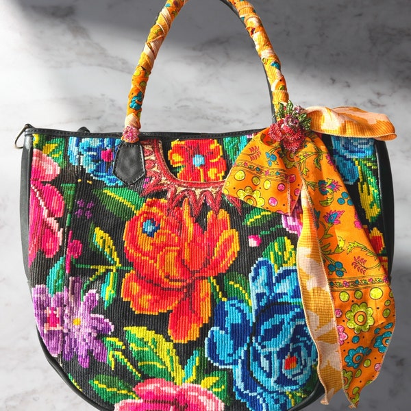 Roses in Bloom Heirloom Collection XL Sandia Bag with Soft Black Xela Leather