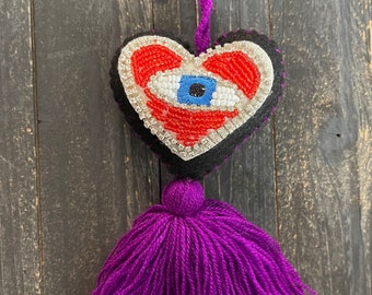 Black Rhinestones and Beaded Blue Evil Eye Red Heart Tassel Bag Pom Ornament