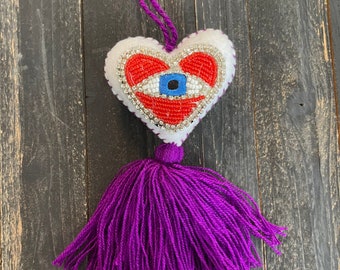 White Rhinestones and Beaded Blue Evil Eye Red Heart Tassel Bag Pom Ornament