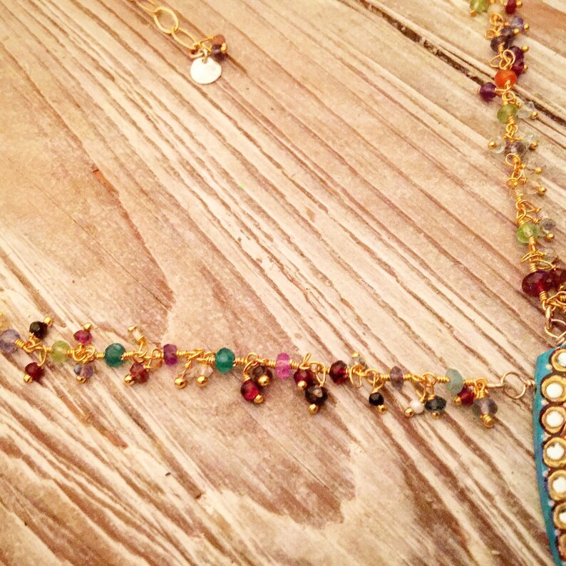 Folkloric Hand Painted Peacock Teardrop with Semiprecious Gemstone Fringe and Pearl Chain Necklace
