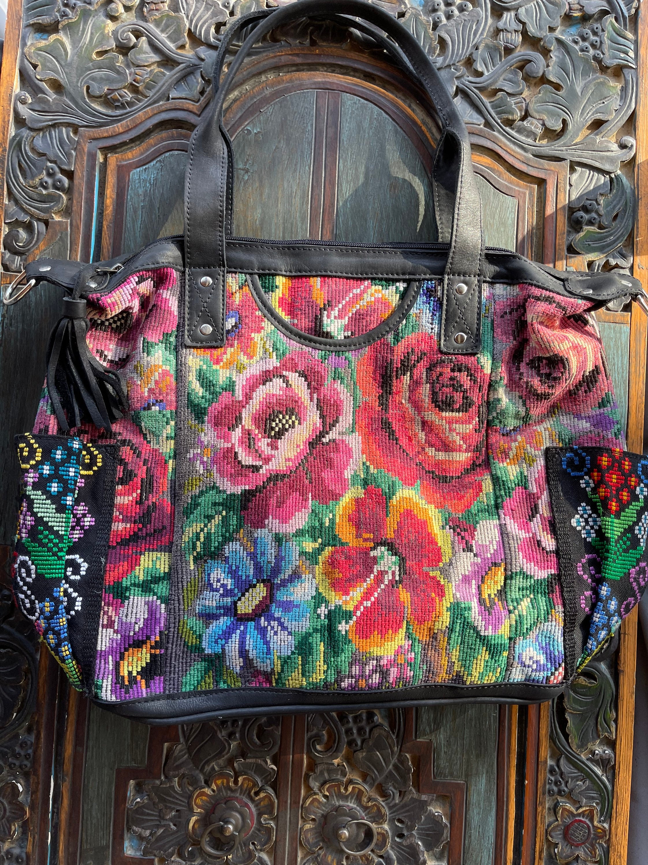 Parisian Floral Soft Black Leather Large Convertible Day Bag CDB with  leather shoulder strap and backpack straps