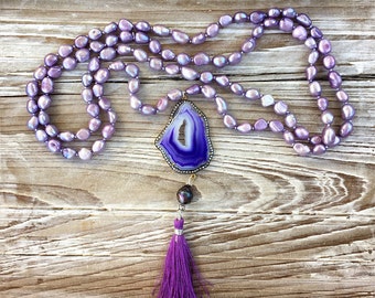 Violet Dream Agate Druzy and Pearl Gold Vermeil Silk Tassel Necklace