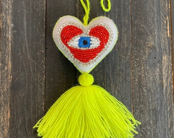 White Rhinestones and Beaded Blue Evil Eye Red Heart Tassel Bag Pom Ornament