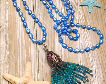 Nomad's Soul Beaded Semiprecious Large Stone Tassels on Continuous EXTRA Long Pearl Necklaces- Pick your Color