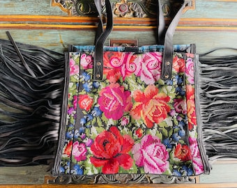 Cabbage Rose Fringe Tote with Soft Black Xela Leather