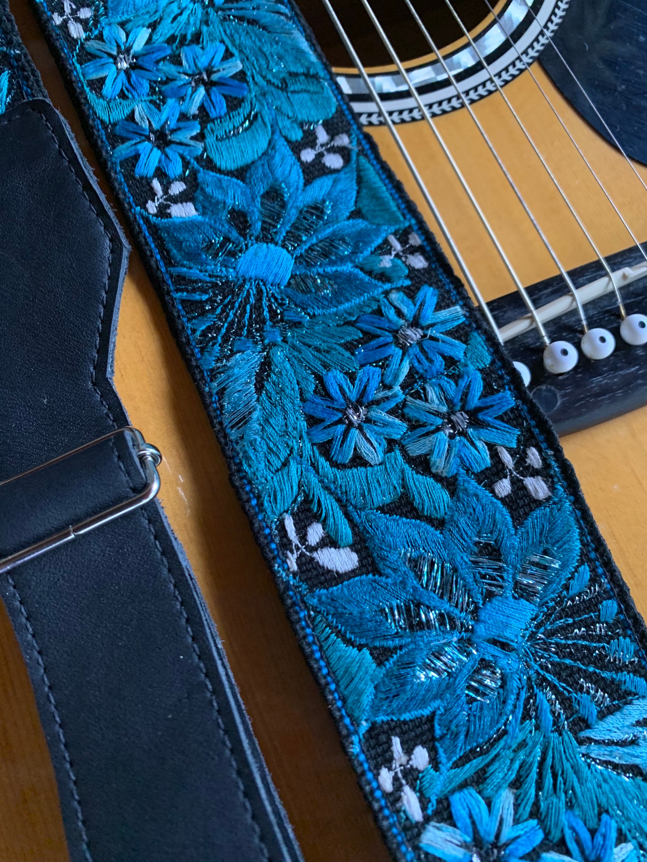 Caribbean Sea Sparkle Black Adjustable Leather Guitar Strap